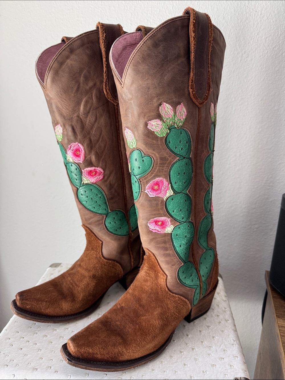 Junk Gypsy Women's Brown Leather Cactus Embroidered Heeled Boots